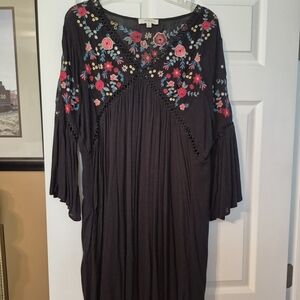 Umgee Black Dress with Red and Pink Floral Embroidery